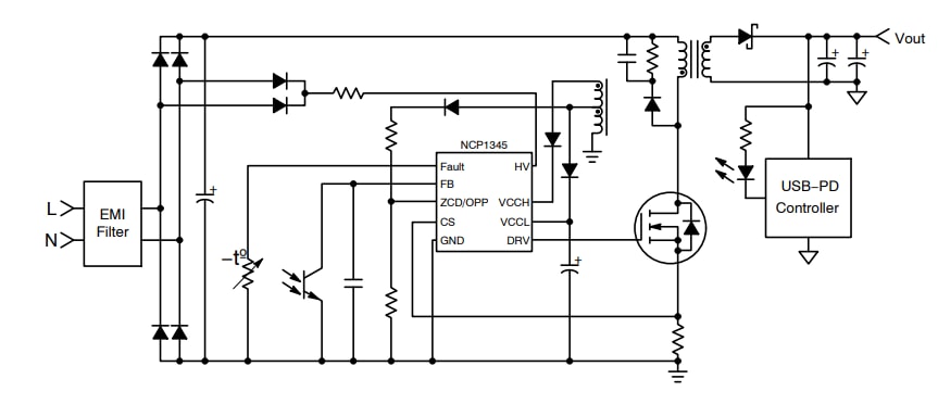 應用電路圖 - onsemi NCP1345 準諧振反激控制器